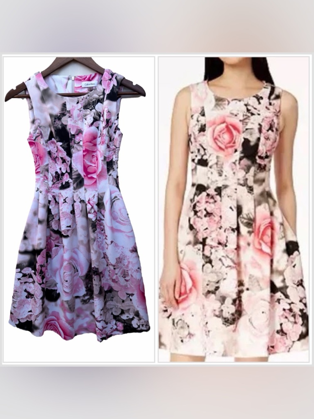 Calvin Klein Pink Floral Fit & Flare Pleated Midi Dress Romantic Occasion